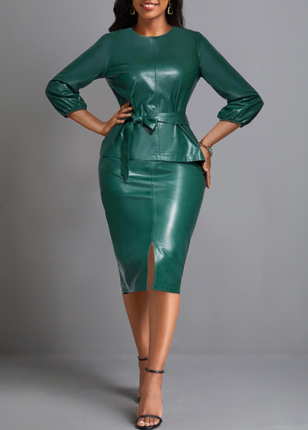 Faux Leather Belted Blackish Green Round Neck Bodycon Dress