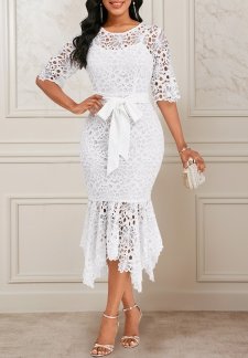 Mermaid White Half Sleeve Round Neck Bodycon Dress