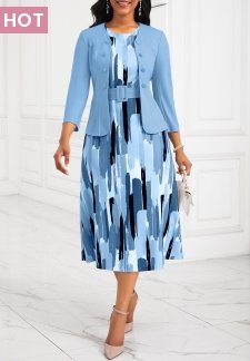 Two Piece Belted Light Blue Round Neck Dress and Cardigan