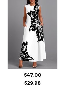 Leaf Print Pocket White Sleeveless Round Neck Maxi Dress