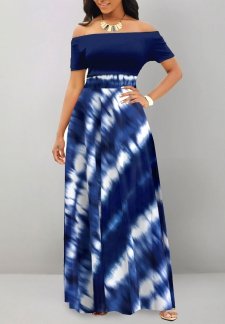 Tie Dye Print Patchwork Navy Short Sleeve Maxi Dress