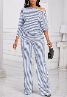 Striped Asymmetry Blue Long Off Shoulder Top and Pants