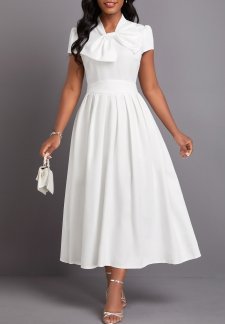 Bowknot White Short Sleeve Stand Collar Dress