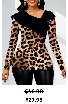 Leopard Asymmetry Dark Coffee Long Sleeve Blouse