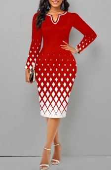 Plus Size Red Split Geometric Print Bodycon Dress