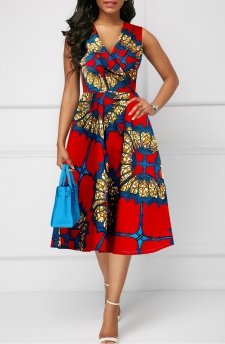 Tribal Print Zipper Red Sleeveless V Neck Dress