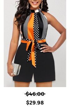 Striped Button Belted Black Short High Neck Romper