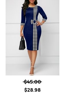 Houndstooth Print Bowknot Navy Knee Length Bodycon Dress