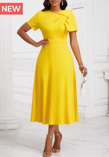 Zipper Yellow Short Sleeve Asymmetrical Neck Dress