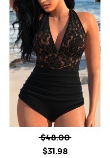 Patchwork Lace Black One Piece Swimwear