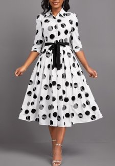 Geometric Print Button Belted White 3/4 Sleeve Dress