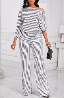 Striped Asymmetry Black Long Off Shoulder Top and Pants