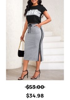 Letter Print Drawstring Grey Midi Top and Skirt