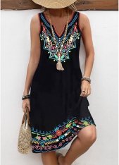 Tribal Print Breathable Black A Line Sleeveless Dress