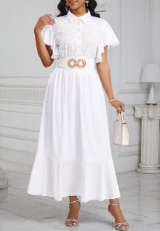 Lace White Short Sleeve Shirt Collar Dress