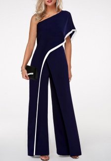 One Shoulder Navy Blue Contrast Trim Jumpsuit