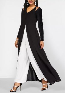 Contrast Black Long Sleeve V Neck Jumpsuit