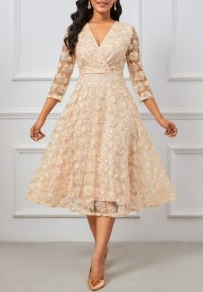 Embroidery Champagne Three Quarter Length Sleeve V Neck Dress