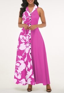 Floral Print Patchwork Hot Pink Sleeveless Maxi Dress
