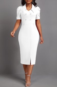 Button White Short Sleeve Bodycon Dress