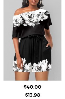 Double Side Pockets Floral Print Black Romper