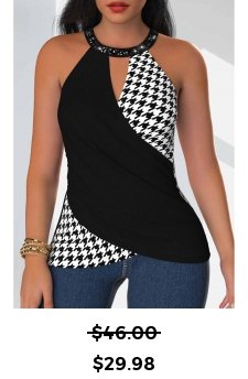 Geometric Print Sequin Black Sleeveless Halter Tank Top