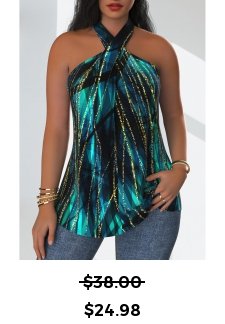 Marble Print Criss Cross Turquoise Sleeveless Tank Top