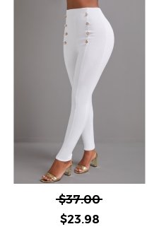 High Waisted Button White Skinny Elastic Waist Pants