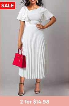 Short Sleeve Asymmetry White Asymmetrical Neck Dress