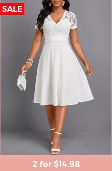 Lace White Short Sleeve V Neck Dress