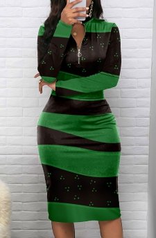 Geometric Print Zipper Green Long Sleeve Bodycon Dress