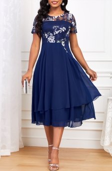 Embroidery Navy Short Sleeve Round Neck Dress