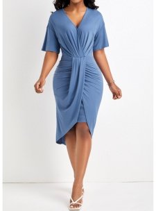 Dusty Blue High Low Ruched Bodycon Dress