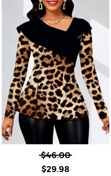 Leopard Asymmetry Dark Coffee Long Sleeve Blouse