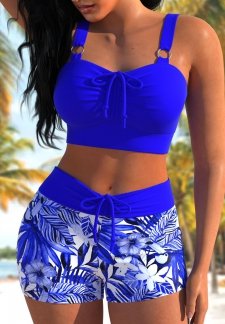 Floral Print Ruched Royal Blue Bikini Set