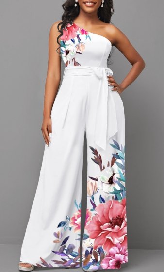 Floral Print Tie Belted White Long One Shoulder Jumpsuit