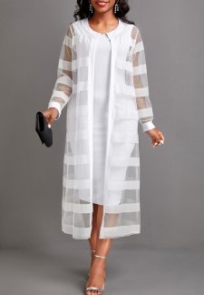 Two Piece White Long Sleeve Dress and Cardigan
