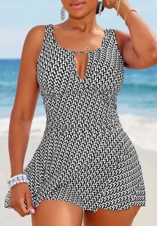 Geometric Print Cut Out Black One Piece Swimdress