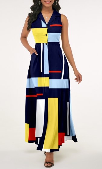 Navy Blue Notch Collar Geometric Print Dress