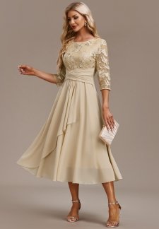 Embroidery Champagne 3/4 Sleeve Round Neck Dress