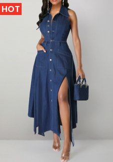 Handkerchief Hem Denim Blue Sleeveless Shirt Collar Maxi Dress