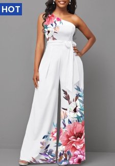 Floral Print Tie Belted White Long One Shoulder Jumpsuit