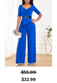 Ruffle Long Heart Collar Half Sleeve Blue Jumpsuit