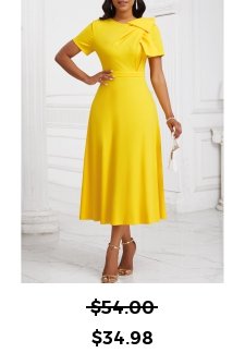 Zipper Yellow Short Sleeve Asymmetrical Neck Dress