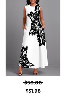 Leaf Print Pocket White Sleeveless Round Neck Maxi Dress