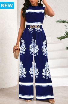 Tribal Print Chain Navy Long Stand Collar Sleeveless Jumpsuit