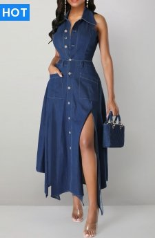 Handkerchief Hem Denim Blue Sleeveless Shirt Collar Maxi Dress