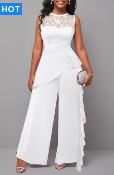 Lace Patchwork White Long Sleeveless Jumpsuit