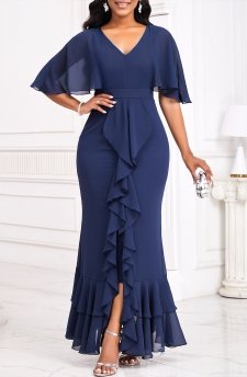 Mermaid Navy Half Sleeve V Neck Bodycon Maxi Dress