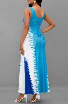 Tie Dye Print Lace Up Light Blue Maxi Dress